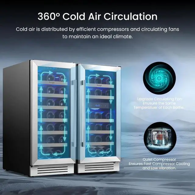 Alt view image 3 of 7 - Yeego 30 Inch Wine Cooler Refrigerator Combo - Two Sets of 15 Inch Wine Fridge Glass Door, Hold 61 Bottles, Triple Zone 40-65°F Temp Control, LED Light, Built-in or Freestanding for Home Bar Office