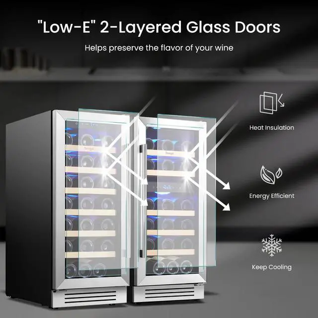 Alt view image 5 of 7 - Yeego 30 Inch Wine Cooler Refrigerator Combo - Two Sets of 15 Inch Wine Fridge Glass Door, Hold 61 Bottles, Triple Zone 40-65°F Temp Control, LED Light, Built-in or Freestanding for Home Bar Office
