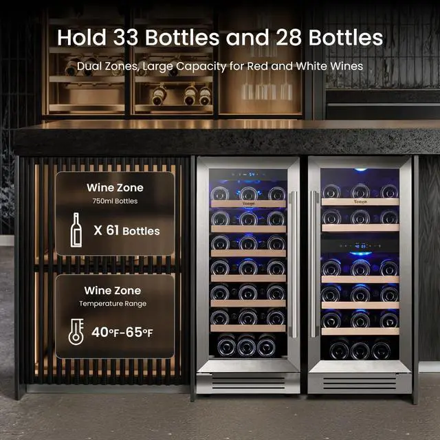 Alt view image 2 of 7 - Yeego 30 Inch Wine Cooler Refrigerator Combo - Two Sets of 15 Inch Wine Fridge Glass Door, Hold 61 Bottles, Triple Zone 40-65°F Temp Control, LED Light, Built-in or Freestanding for Home Bar Office