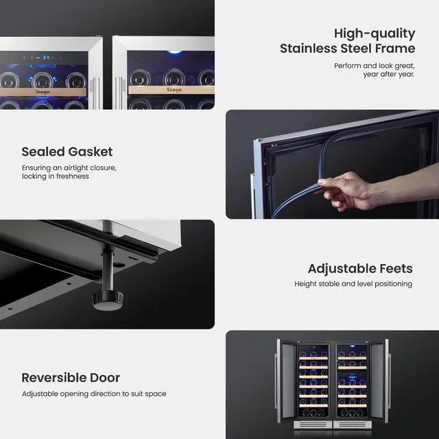 Alt view image 6 of 7 - Yeego 30 Inch Wine Cooler Refrigerator Combo - Two Sets of 15 Inch Wine Fridge Glass Door, Hold 61 Bottles, Triple Zone 40-65°F Temp Control, LED Light, Built-in or Freestanding for Home Bar Office