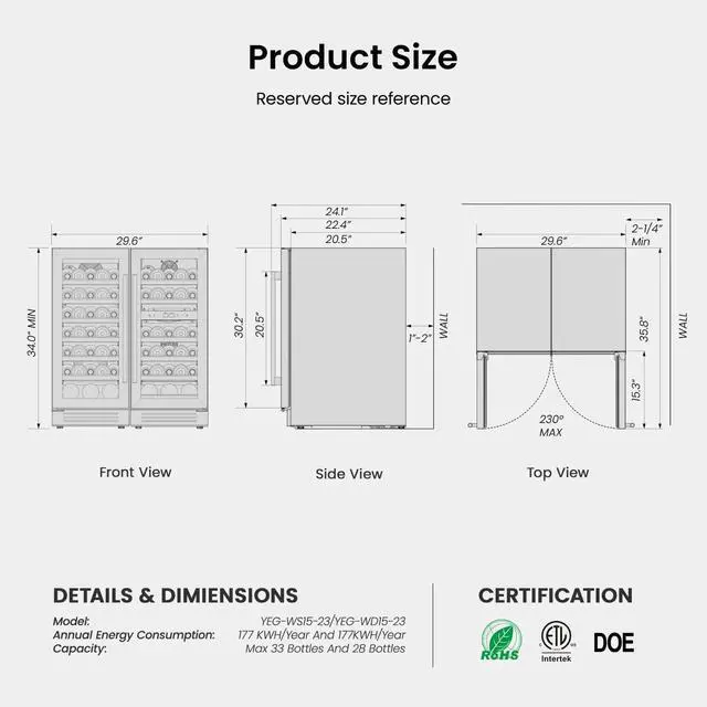 Alt view image 7 of 7 - Yeego 30 Inch Wine Cooler Refrigerator Combo - Two Sets of 15 Inch Wine Fridge Glass Door, Hold 61 Bottles, Triple Zone 40-65°F Temp Control, LED Light, Built-in or Freestanding for Home Bar Office