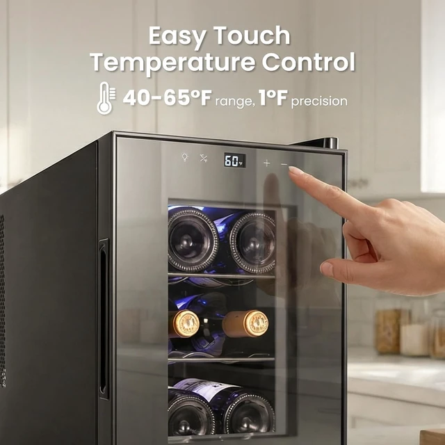 Alt view image 4 of 6 - Yeego 6 Bottle Thermoelectric Wine Cooler Refrigerator - Adjustable Temperature Range 40-65°F, Countertop Freestanding Red & White Wine Cellar, Mini Wine Fridge with Glass Door, 38dB Quiet Operation