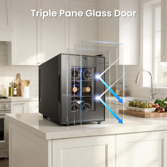 Alt view image 5 of 6 - Yeego 6 Bottle Thermoelectric Wine Cooler Refrigerator - Adjustable Temperature Range 40-65°F, Countertop Freestanding Red & White Wine Cellar, Mini Wine Fridge with Glass Door, 38dB Quiet Operation