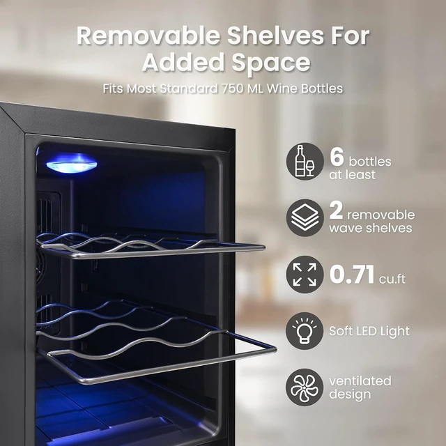 Alt view image 3 of 6 - Yeego 6 Bottle Thermoelectric Wine Cooler Refrigerator - Adjustable Temperature Range 40-65°F, Countertop Freestanding Red & White Wine Cellar, Mini Wine Fridge with Glass Door, 38dB Quiet Operation