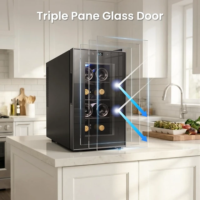 Alt view image 5 of 6 - Yeego 8 Bottle Thermoelectric Wine Cooler Refrigerator, Countertop/Freestanding Mini Wine Fridge with Glass Door & 3 Adjustable Shelves, 40-65°F Digital Temperature Control for Red, White & Champagne