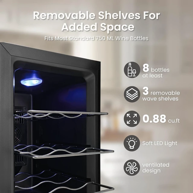 Alt view image 3 of 6 - Yeego 8 Bottle Thermoelectric Wine Cooler Refrigerator, Countertop/Freestanding Mini Wine Fridge with Glass Door & 3 Adjustable Shelves, 40-65°F Digital Temperature Control for Red, White & Champagne