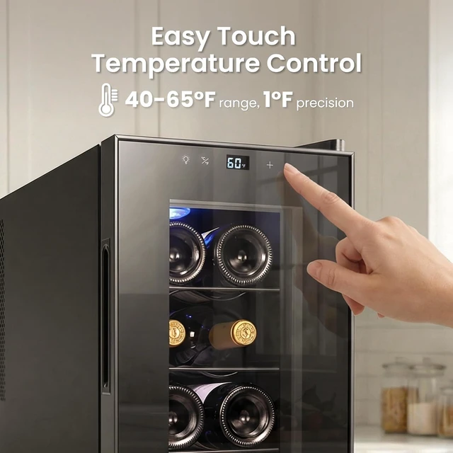 Alt view image 4 of 6 - Yeego 8 Bottle Thermoelectric Wine Cooler Refrigerator, Countertop/Freestanding Mini Wine Fridge with Glass Door & 3 Adjustable Shelves, 40-65°F Digital Temperature Control for Red, White & Champagne