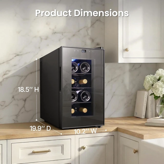 Alt view image 2 of 6 - Yeego 8 Bottle Thermoelectric Wine Cooler Refrigerator, Countertop/Freestanding Mini Wine Fridge with Glass Door & 3 Adjustable Shelves, 40-65°F Digital Temperature Control for Red, White & Champagne