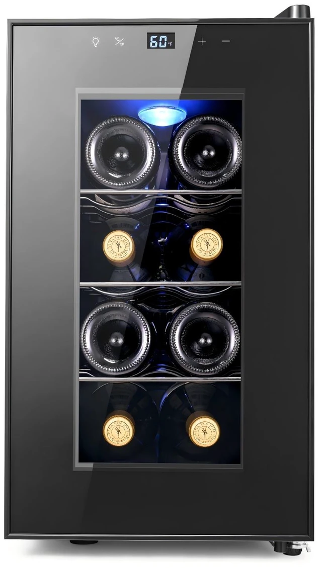 Main image of Yeego 8 Bottle Thermoelectric Wine Cooler Refrigerator, Countertop/Freestanding Mini Wine Fridge with Glass Door & 3 Adjustable Shelves, 40-65°F Digital Temperature Control for Red, White & Champagne