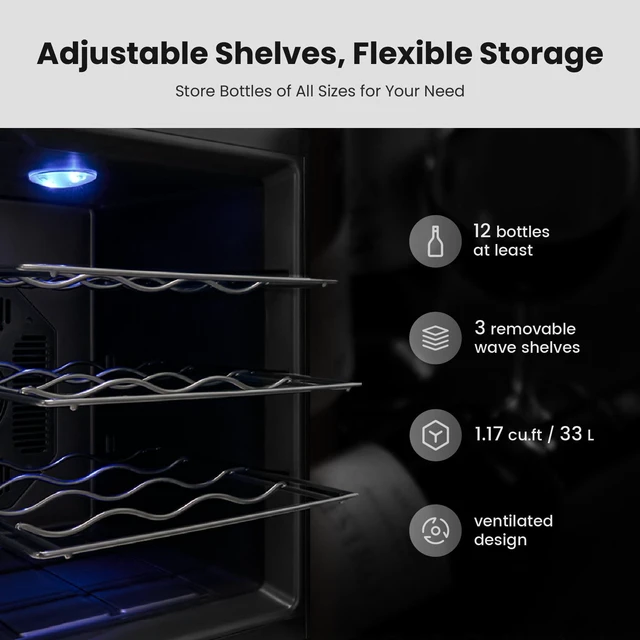 Alt view image 3 of 6 - Yeego 12 Bottle Thermoelectric Wine Cooler Refrigerator, Countertop/Freestanding Mini Wine Fridge with Glass Door, 3 Adjustable Shelves, 40-65°F for Red, White & Champagne, 38dB Quiet Operation