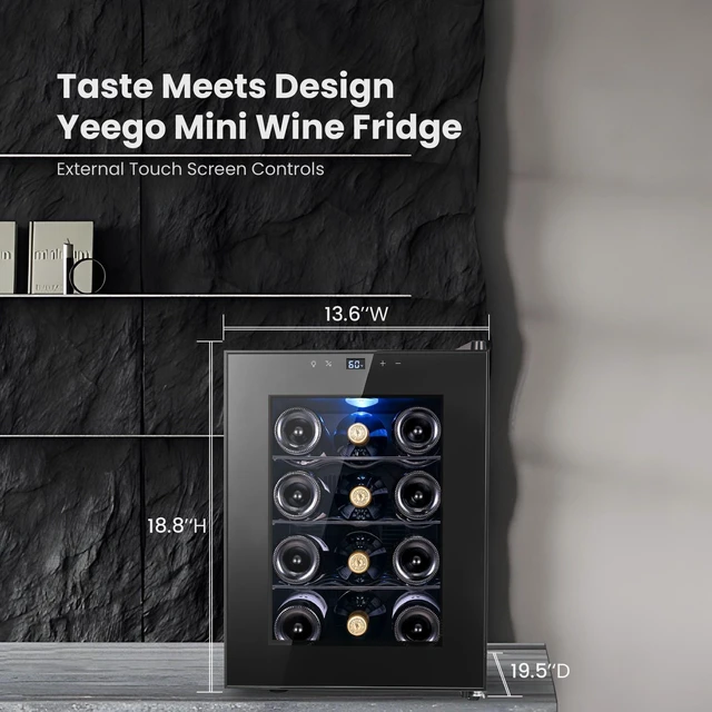 Alt view image 6 of 6 - Yeego 12 Bottle Thermoelectric Wine Cooler Refrigerator, Countertop/Freestanding Mini Wine Fridge with Glass Door, 3 Adjustable Shelves, 40-65°F for Red, White & Champagne, 38dB Quiet Operation