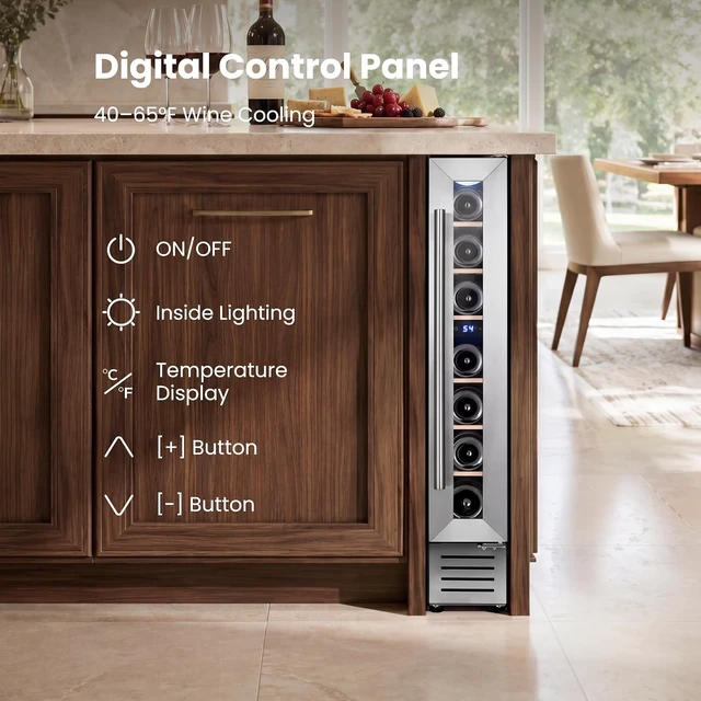 Alt view image 3 of 7 - Yeego 6 Inch Wine Cooler Refrigerator - 7 Bottles Wine Fridge with Glass Door, 40-65°F, 360° Cooling, Automatic Defrost, Adjustable Shelves, Freestanding/Built In for Home Bar Office (Left Hinge)