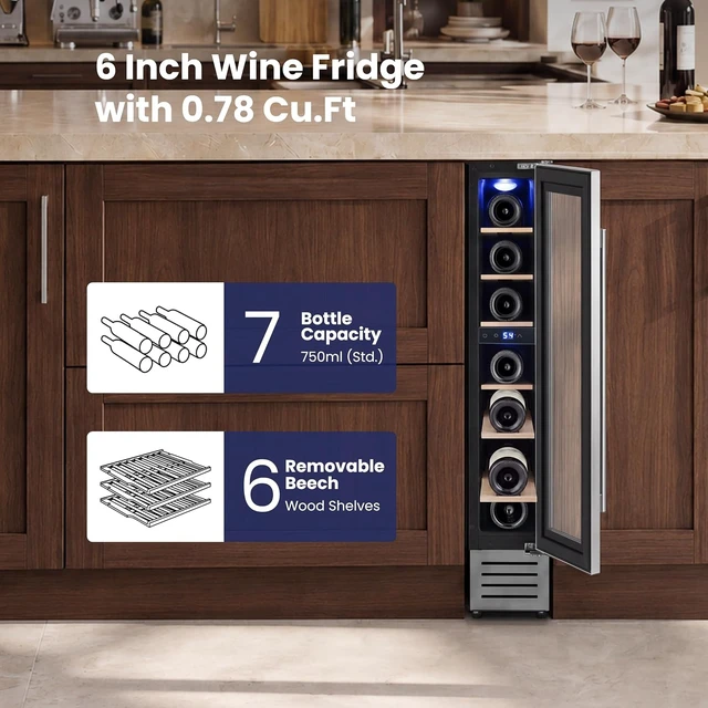 Alt view image 2 of 7 - Yeego 6 Inch Wine Cooler Refrigerator - 7 Bottles Wine Fridge with Glass Door, 40-65°F, 360° Cooling, Automatic Defrost, Adjustable Shelves, Freestanding/Built In for Home Bar Office (Left Hinge)