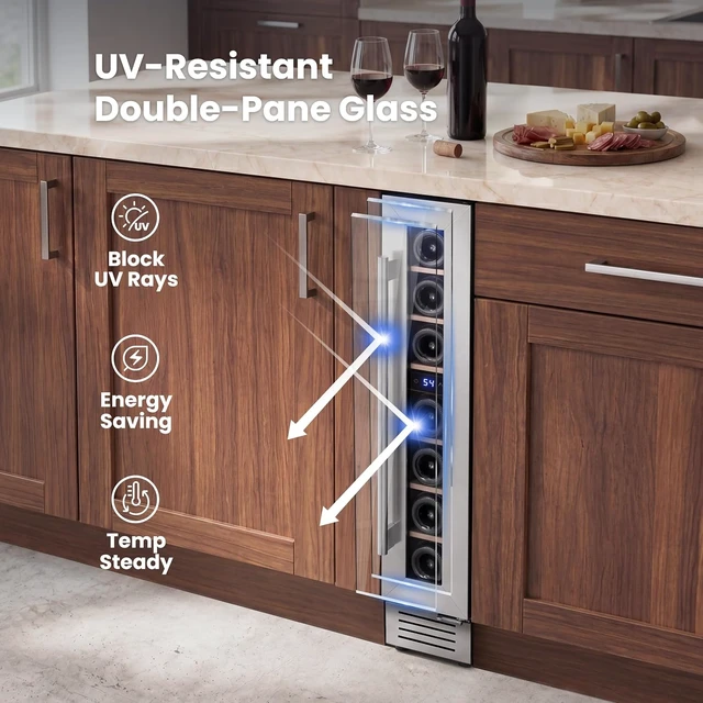 Alt view image 5 of 7 - Yeego 6 Inch Wine Cooler Refrigerator - 7 Bottles Wine Fridge with Glass Door, 40-65°F, 360° Cooling, Automatic Defrost, Adjustable Shelves, Freestanding/Built In for Home Bar Office (Left Hinge)