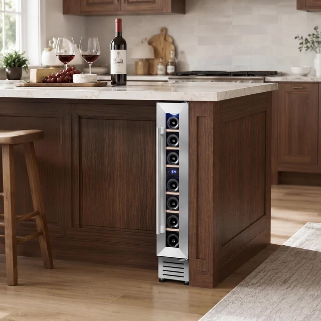 Alt view image 7 of 7 - Yeego 6 Inch Wine Cooler Refrigerator - 7 Bottles Wine Fridge with Glass Door, 40-65°F, 360° Cooling, Automatic Defrost, Adjustable Shelves, Freestanding/Built In for Home Bar Office (Left Hinge)