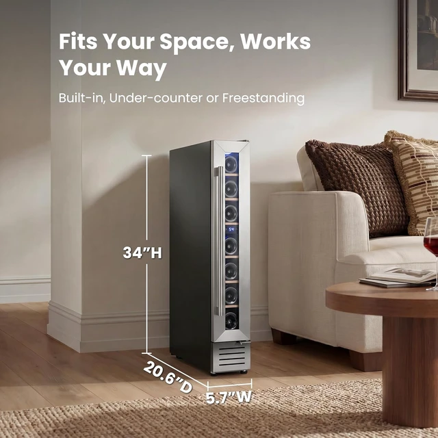 Alt view image 6 of 7 - Yeego 6 Inch Wine Cooler Refrigerator - 7 Bottles Wine Fridge with Glass Door, 40-65°F, 360° Cooling, Automatic Defrost, Adjustable Shelves, Freestanding/Built In for Home Bar Office (Left Hinge)
