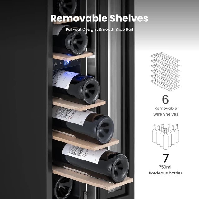 Alt view image 2 of 7 - Yeego 6 Inch Wine Cooler Refrigerator - 7 Bottles Wine Fridge with Glass Door, 40-65°F Digital Temperature Control, 360° Cooling, Adjustable Shelves, Freestanding/Built-In Home Bar Office(Right Hinge)