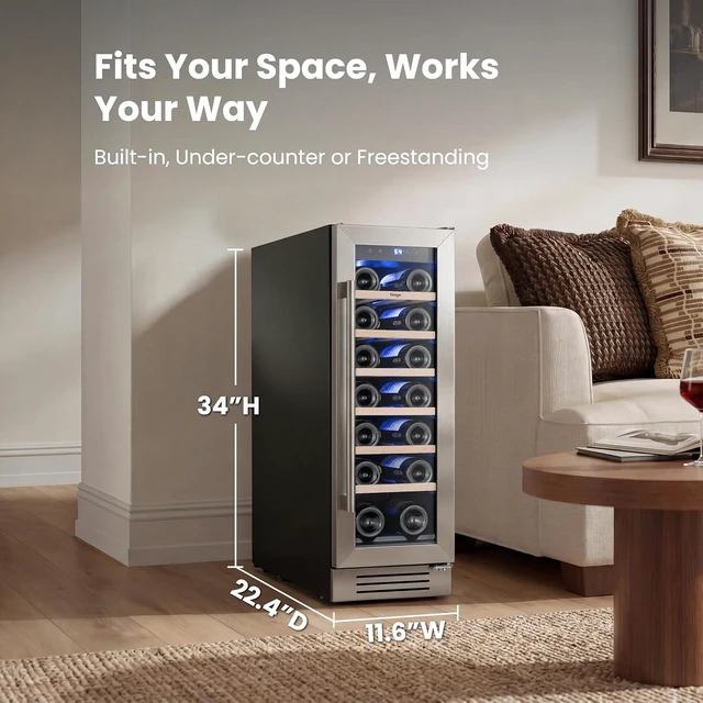 Alt view image 5 of 7 - Yeego 12 Inch Wine Cooler Refrigerator - 20 Bottles Wine Fridge with Glass Door, 40-65°F, 360° Cooling, Automatic Defrost, Energy Efficient, Built In/Under Counter for Home Bar Office (2.05 Cu.ft)
