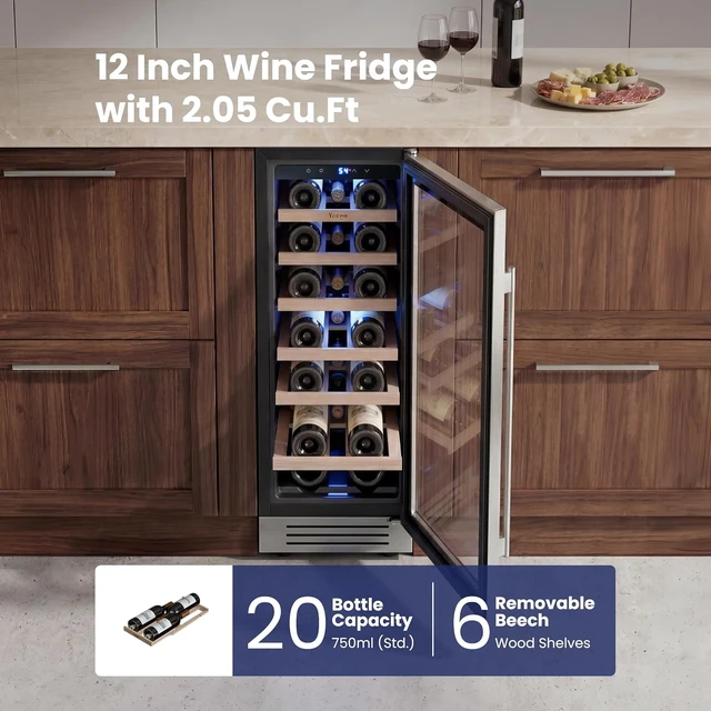 Alt view image 2 of 7 - Yeego 12 Inch Wine Cooler Refrigerator - 20 Bottles Wine Fridge with Glass Door, 40-65°F, 360° Cooling, Automatic Defrost, Energy Efficient, Built In/Under Counter for Home Bar Office (2.05 Cu.ft)