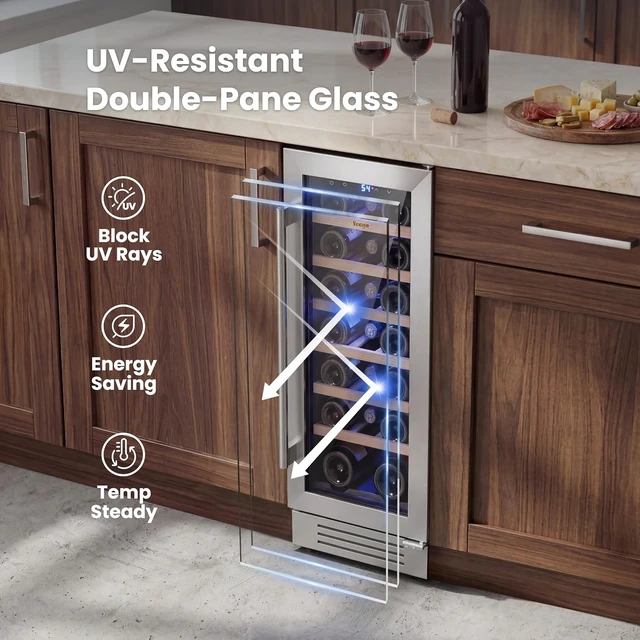 Alt view image 4 of 7 - Yeego 12 Inch Wine Cooler Refrigerator - 20 Bottles Wine Fridge with Glass Door, 40-65°F, 360° Cooling, Automatic Defrost, Energy Efficient, Built In/Under Counter for Home Bar Office (2.05 Cu.ft)