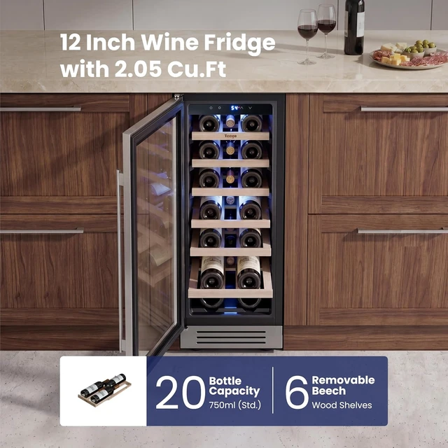 Alt view image 2 of 7 - Yeego 12 Inch Wine Cooler Refrigerator - 2.05 Cu.ft Wine Fridge Holds 20 Bottles, 40-65°F, 360° Cooling, Automatic Defrost, Adjustable Shelves, Freestanding/Built In/Under Counter for Home Bar Office