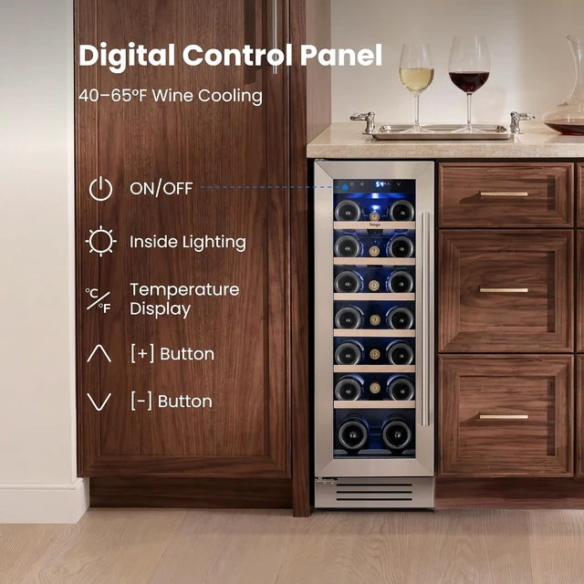 Alt view image 3 of 7 - Yeego 12 Inch Wine Cooler Refrigerator - 2.05 Cu.ft Wine Fridge Holds 20 Bottles, 40-65°F, 360° Cooling, Automatic Defrost, Adjustable Shelves, Freestanding/Built In/Under Counter for Home Bar Office