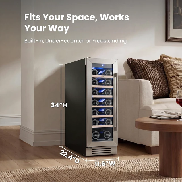 Alt view image 5 of 7 - Yeego 12 Inch Wine Cooler Refrigerator - 2.05 Cu.ft Wine Fridge Holds 20 Bottles, 40-65°F, 360° Cooling, Automatic Defrost, Adjustable Shelves, Freestanding/Built In/Under Counter for Home Bar Office