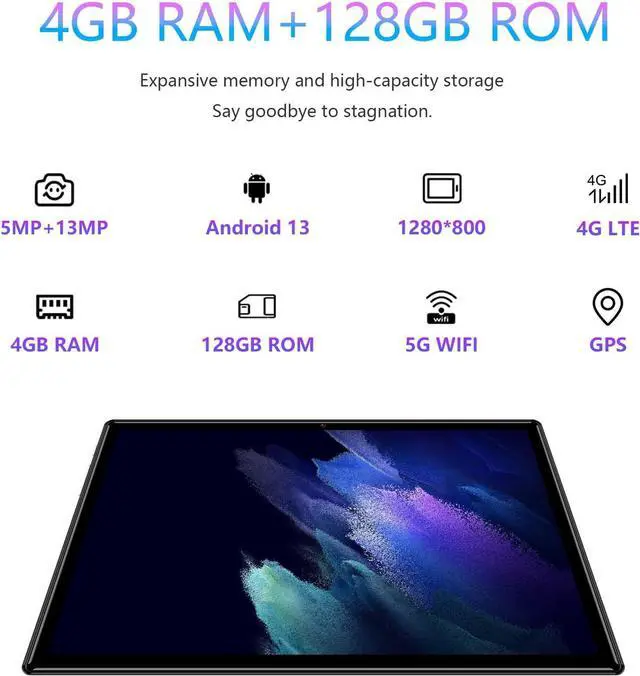 Alt view image 2 of 7 - Elepad 2024 Newest Tablet Cellular Android Tablets Octa-Core Android 13 Unlocked Tablet with SIM Card Slot, 128GB ROM+4GB RAM, 10 Inch 5MP+13MP Camera/5G WIFI GPS/BT/6000mAh/1280*800 IPS Screen