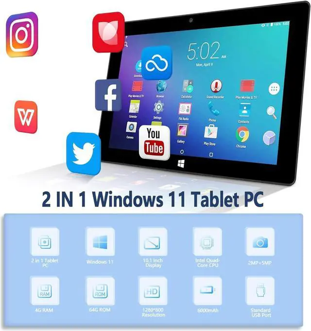 Alt view image 2 of 7 - Elepad 10.1" Windows 11 Tablet PC, Dual-Core CPU Windows Tablet, Ultra Slim 2 in 1 Tablet - 2.4/5G WIFI/4.2 BT/1280*800 Full HD/6GB RAM 64GB ROM Storage/4000mAh/Mini HDMI/USB-C/USB 3.0/2MP+5MP Camera