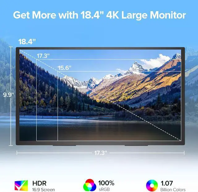 Alt view image 2 of 7 - EVICIV 4K Portable Monitor 18.4" Larger Game Screen 3840*2160 w/Integrated Stand&VESA