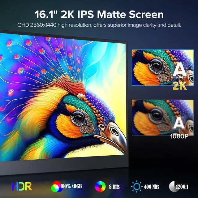 Alt view image 2 of 7 - EVICIV QHD 16.1" 2K 144Hz Portable Monitor Gaming Monitor Screen  USB C Screen VESA 100%sRGB For Game PS 4 5