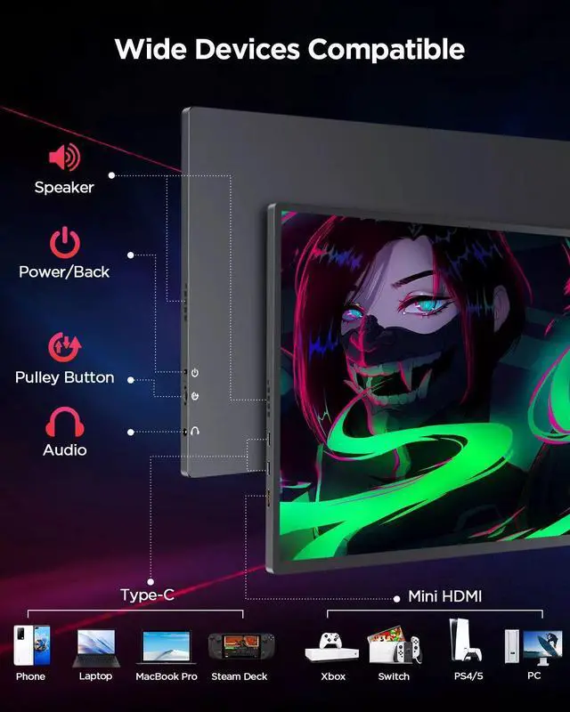 Alt view image 6 of 7 - EVICIV 2K 144Hz Portable Gaming Monitor 16" 2560x1600 QHD Portable Monitor HDR FreeSync Laptop Monitor w/VESA & Smart Case Matte IPS Eye Care External Second Screen for PC Phone Game Console