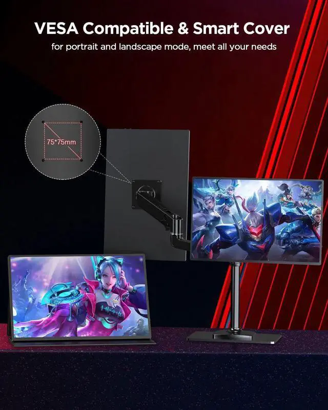 Alt view image 5 of 7 - EVICIV 2K 144Hz Portable Gaming Monitor 16" 2560x1600 QHD Portable Monitor HDR FreeSync Laptop Monitor w/VESA & Smart Case Matte IPS Eye Care External Second Screen for PC Phone Game Console