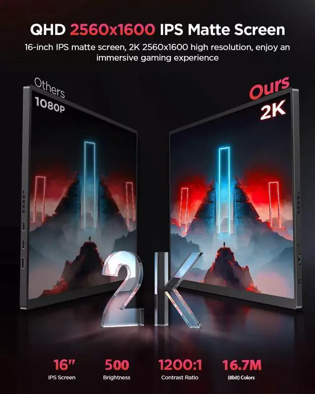 Alt view image 2 of 7 - EVICIV 2K 144Hz Portable Gaming Monitor 16" 2560x1600 QHD Portable Monitor HDR FreeSync Laptop Monitor w/VESA & Smart Case Matte IPS Eye Care External Second Screen for PC Phone Game Console