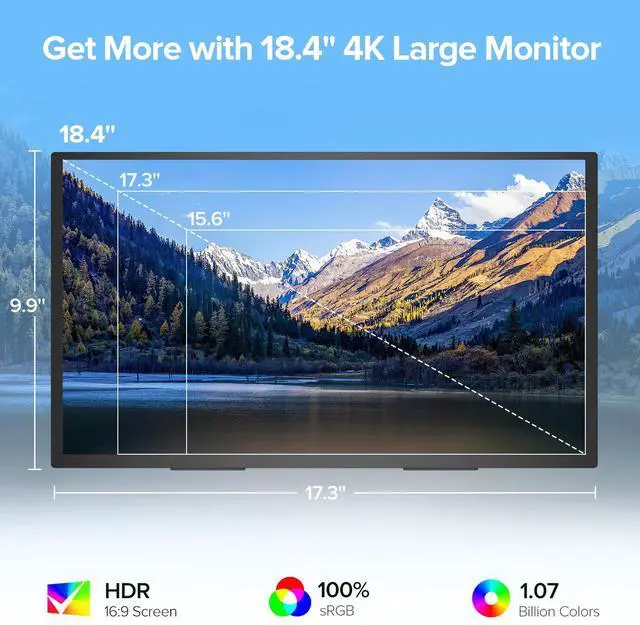 Alt view image 2 of 7 - EVICIV 18.4 4K UHD Portable Monitor, 3840x2160 IPS with 100% sRGB, HDR, FreeSync, VESA & 180° Adjustable Stand - Ultra-Slim & Lightweight for Travel