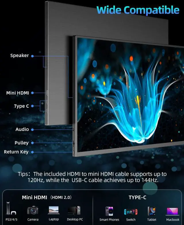 Alt view image 6 of 7 - EVICIV 18 2K 144Hz Portable Gaming Monitor | QHD 2560x1600, 100% DCI-P3, FreeSync, HDR, VESA, Frameless Matte IPS | Second Screen for Laptop & Game Console