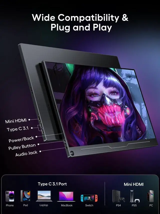 Alt view image 6 of 7 - EVICIV 18.5" 120Hz Portable Monitor 1080P HDMI Dual USB C Computer Gaming Monitors  Freesync HDR w/VESA