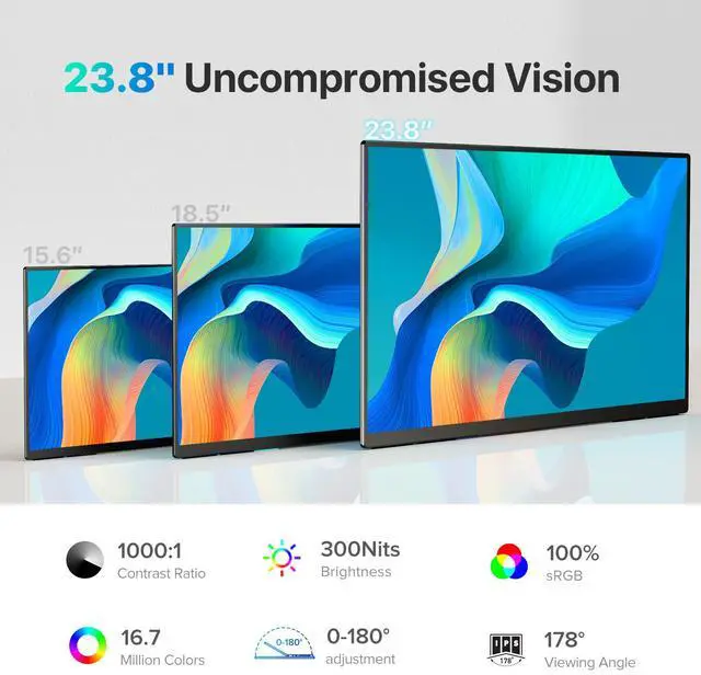Alt view image 2 of 7 - EVICIV 24 120HZ Portable Monitor w/ 180°Adjustable Kickstand & VESA, Large Portable Gaming Monitor with HDMI Type C, External Portable Monitor for Laptops, Steamdeck, MacBook, Phones, Mini PC