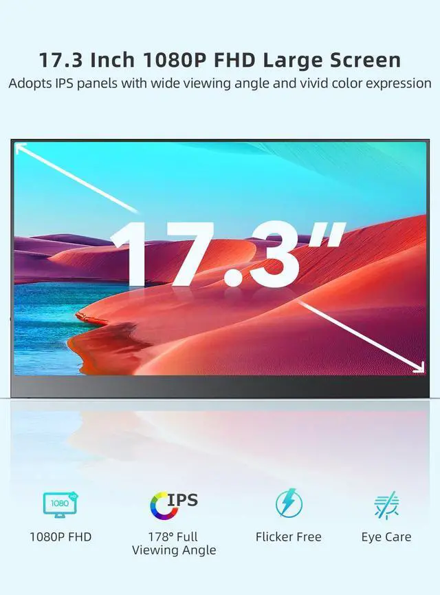Alt view image 2 of 7 - EVICIV Portable Monitor 17.3" 1080P, IPS HDR Computer Display, HDMI USB-C External Monitor for Laptop Monitor