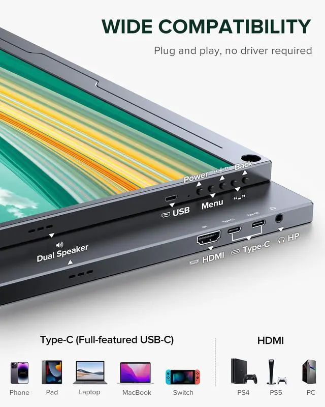 Alt view image 5 of 7 - EVICIV Portable Monitor 16" 2K 2560x1600  Gaming Monitor 100%sRGB USB C HDMI for PS Xbox