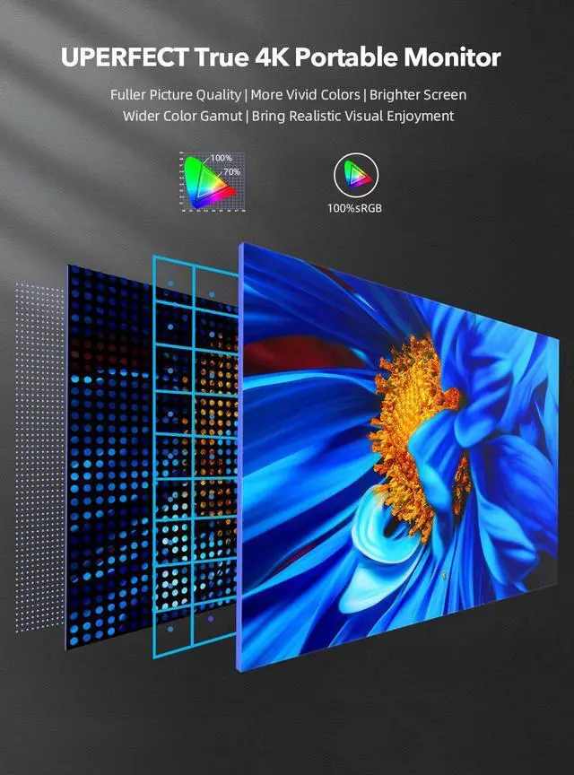 Alt view image 2 of 7 - EVICIV True 4K Portable Monitor, 15.6" UHD IPS 3840x2160, 600 Nits Brightness, 100% AdobeRGB, USB-C, HDMI, OTG, HDR, FreeSync, Dual Speakers, Arch Metal Frame, Smart Case Included