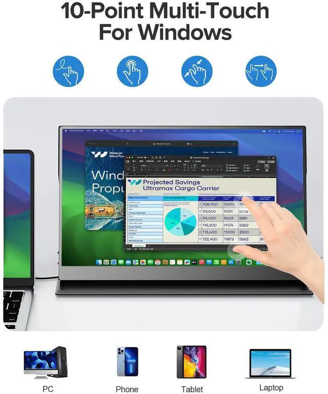 Alt view image 2 of 7 - EVICIV Portable Monitor 60Hz Touchscreen, Upgraded 15.6 Inch IPS HDR 1920X1080 FHD USB C Monitor Eye Care with HDMI USB Type-C