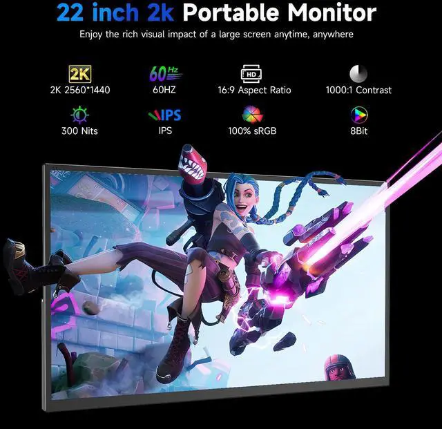 Alt view image 2 of 7 - EVICIV 22" 2K Touchscreen Portable Monitor w/VESA & 180°Adjustable Stand 2560x1440 QHD FreeSync IPS HDR Large Gaming Monitor USB-C HDMI Travel Second Monitor for Laptops, Steamdeck, MacBook, Phones