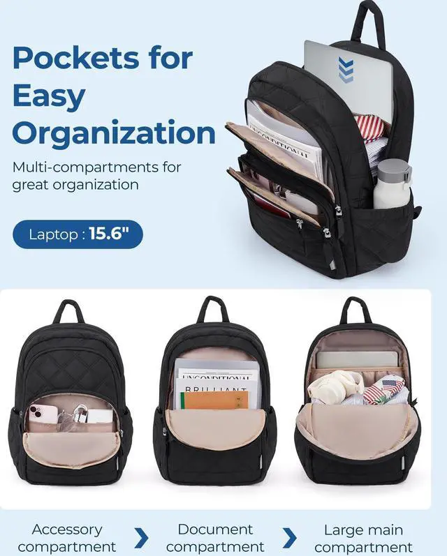 Alt view image 3 of 5 - BAGSMART Travel Laptop Backpack, College Backpack for Women, Quilted Small Computer Bookbag, Water-Resistant 15.6 Inch Laptop Casual Bag, Beige