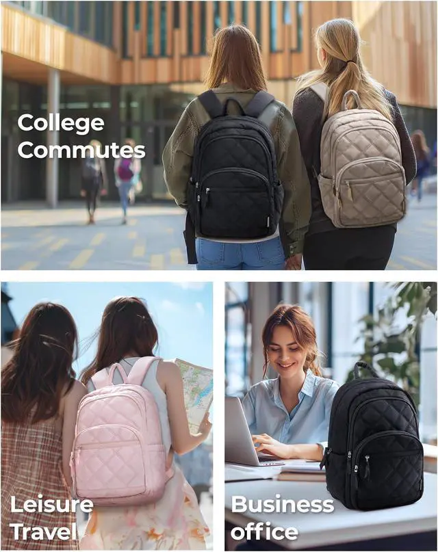 Alt view image 2 of 5 - BAGSMART Travel Laptop Backpack, College Backpack for Women, Quilted Small Computer Bookbag, Water-Resistant 15.6 Inch Laptop Casual Bag, Beige