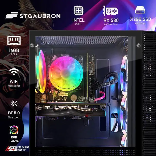 Alt view image 3 of 5 - STGAubron Gaming PC Computer Desktop, Radeon RX 580 8G GDDR5, Intel 10th Gen G5905 3.5G, 16G RAM, 512G SSD, WiFi, BT 5.0, RGB Fan x 4, RGB Mouse Pad, Windows 11 Home