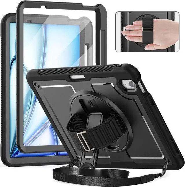 Main image of timecity Case for iPad Air 11-Inch (M3) 2025/ (M2) 2024 6th Generation, with Screen Protector/Pen Holder/Hand & Shoulder Strap/ 360° Rotating Kickstand, Black