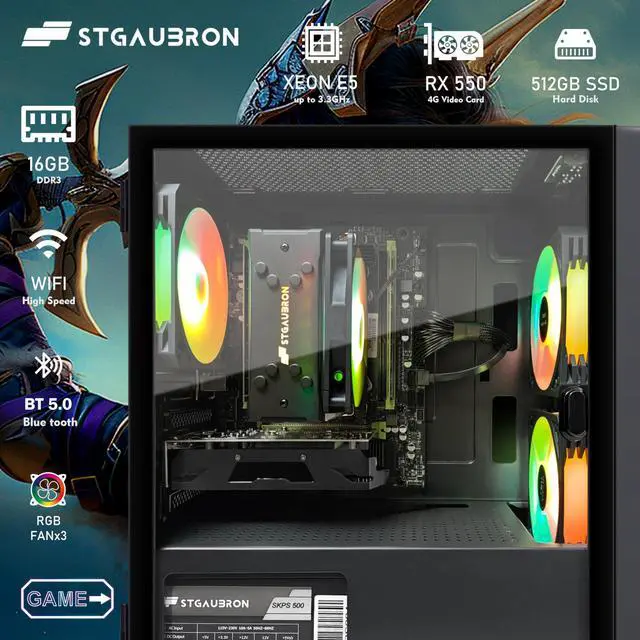 Alt view image 3 of 5 - STGAubron Gaming PC Computer Desktop, RX 550 4GB, Intel i7 Xeon E5, 16GB DDR4, 512GB SSD, WiFi, BT 5.0, RGB Fan x3, Windows 10 Home, Gaming Computer Tower for Gamer,Streaming