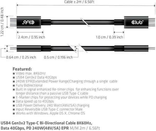 Alt view image 3 of 5 - Club 3D CAC-1578 USB4 Gen3x2 Type C to Type C Bi-Directional Cable with 240W Charging, 40Gbps Data Transmission and Supports 8K60Hz Video with Retimer IC 2m-6.56ft