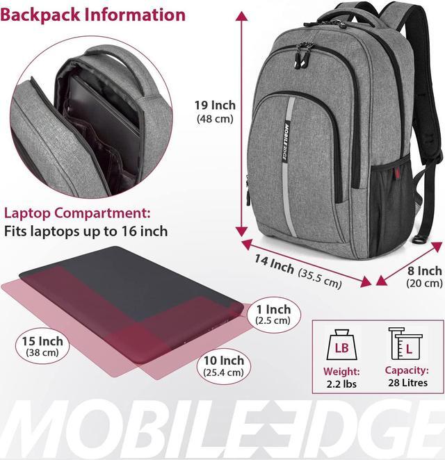 Alt view image 5 of 5 - Mobile Edge Commuter Laptop Backpack for Men and Women, 16 Inch Computer Bag for Travel, Work, Commuting, with USB Charging Port, Lightweight, Gray, MEBPC2